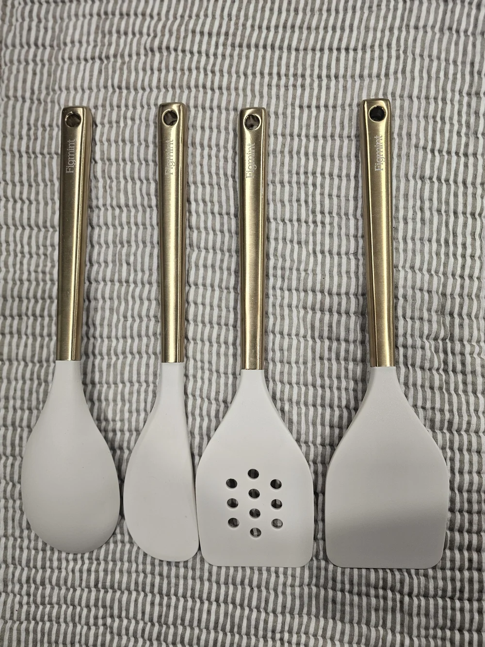 Figmint 4pc Silicone Utensil Set White/Gold Stainless Handles, Hanging Hole